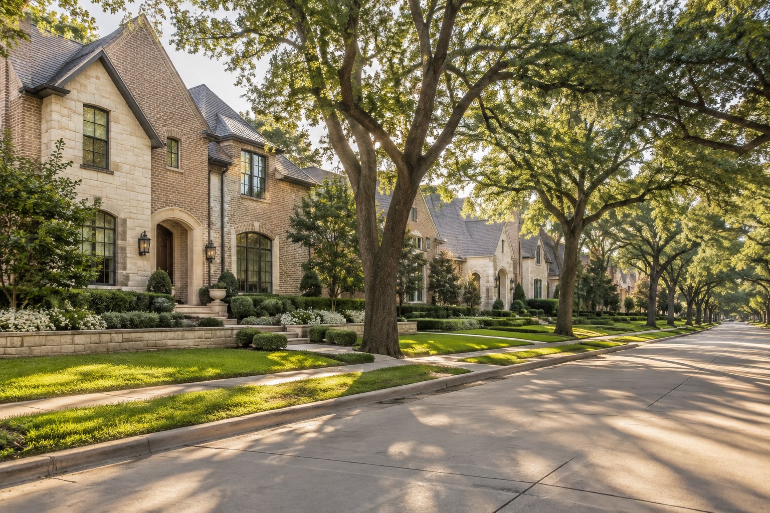 A quiet tree-lined Dallas street, illustrative