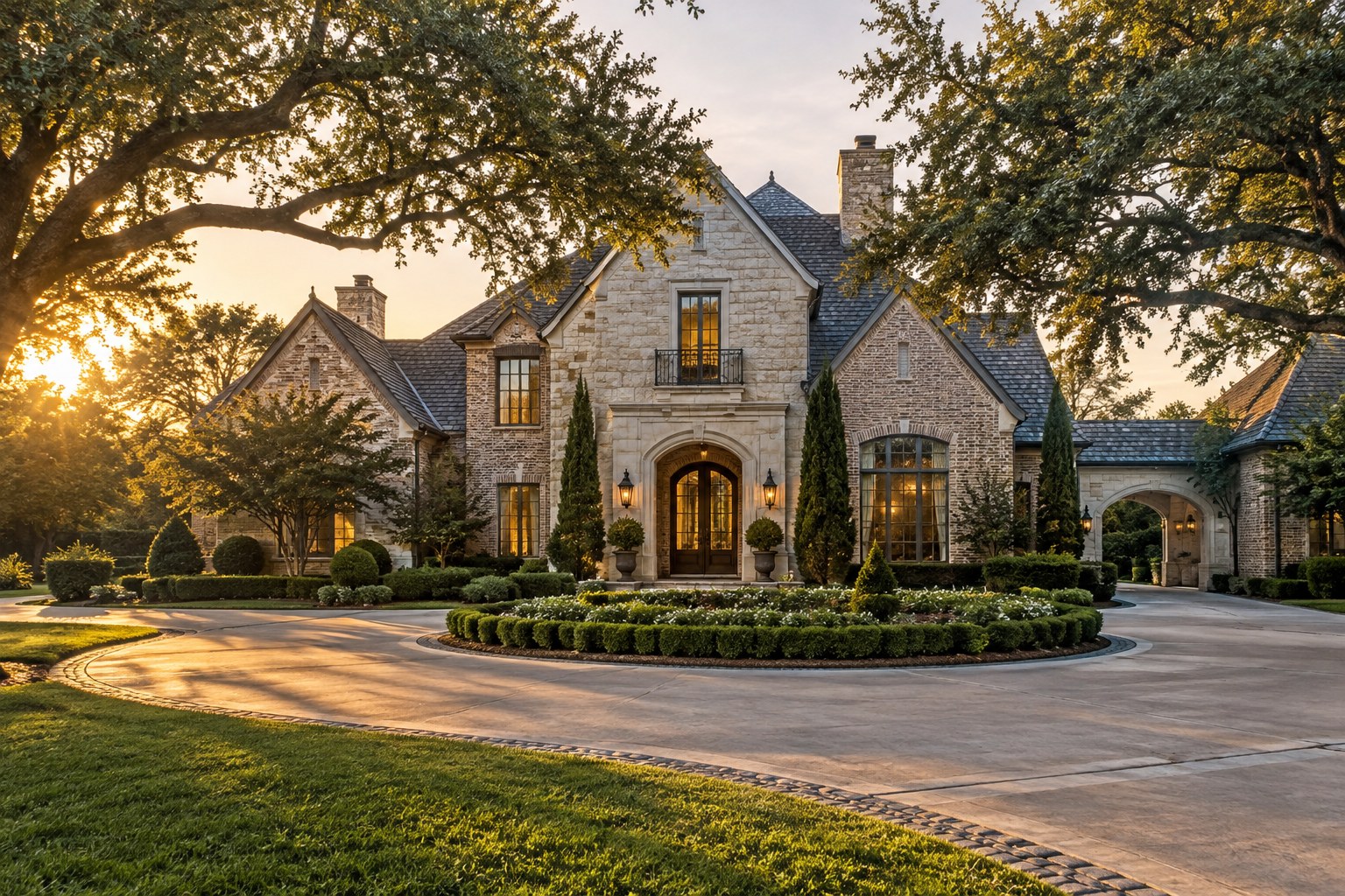 A limestone estate home on a circular drive at golden hour, illustrative