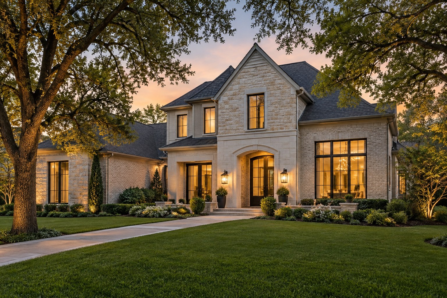 A luxury home at dusk, illustrative