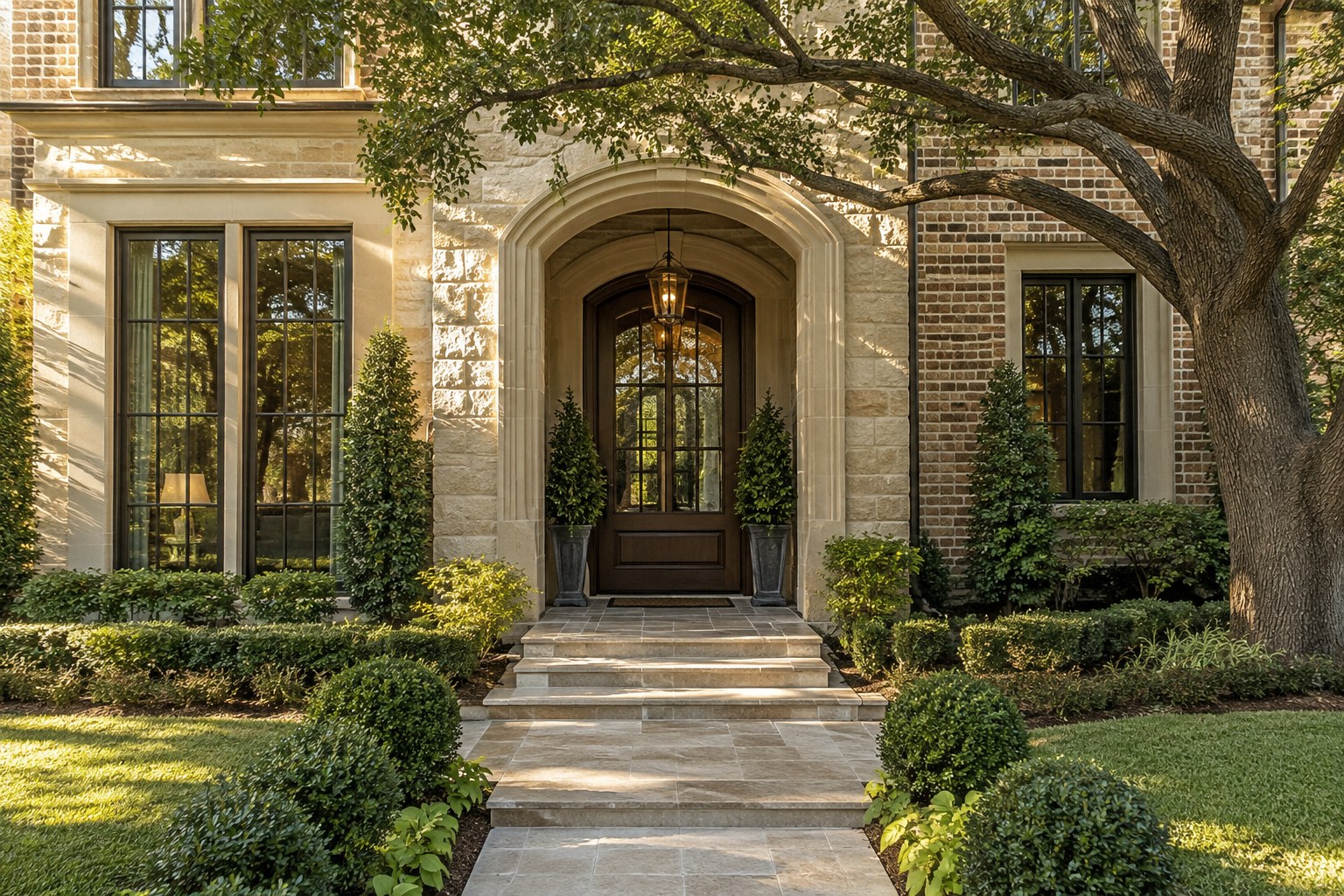 A stately brick home entry, illustrative